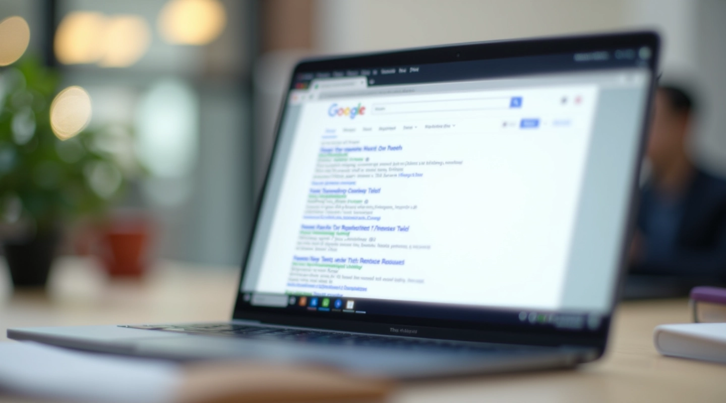 Laptop screen displaying Google search results with meta titles and descriptions highlighted
